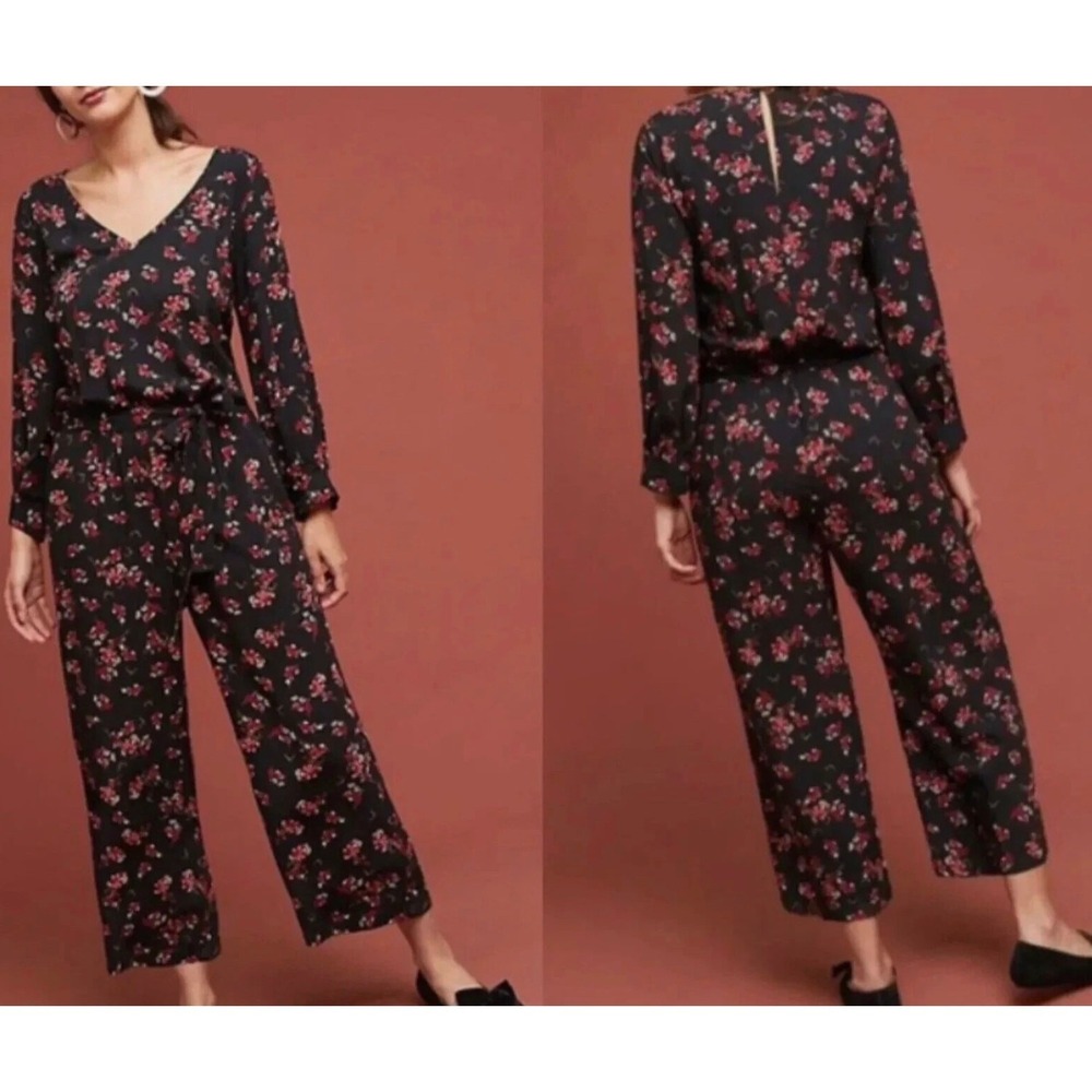 Velvet by Graham & Spencer Jumpsuit XS Black Floral V-Neck Long Sleeve Boho